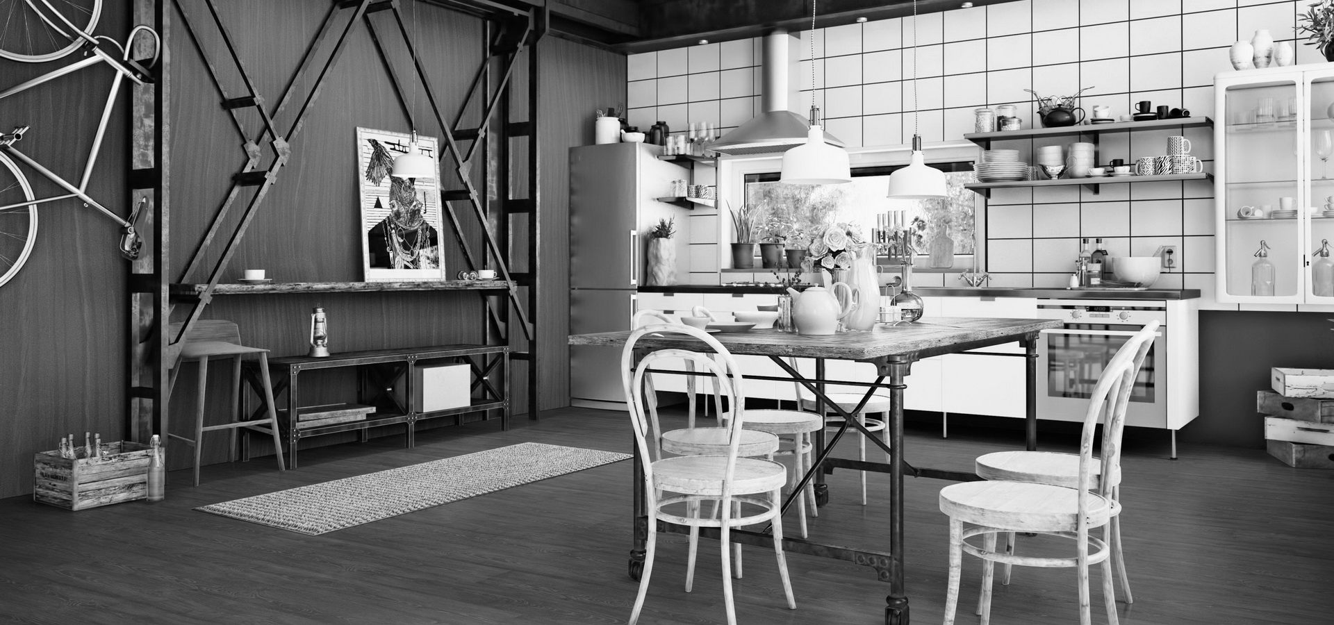 Loft-Küche mit Sandsteinwand in Schwarzweiß